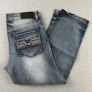 True Luck Jeans Mens 34 Blue Denim TL17150019 Straight Leg Faded Whiskered